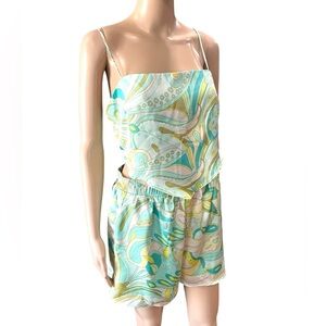 Green and Blue watercolor Patterned halter top and shorts set-L